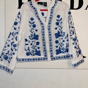 Liv Los Angeles White Embroidered Top with Blue Floral Detail